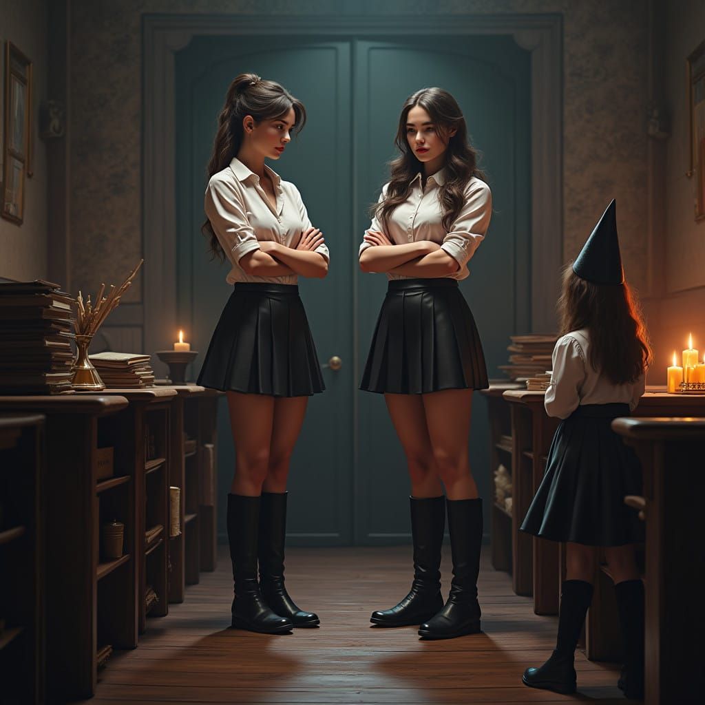 Two Teachers Scold a Pupil in a Mystical Classroom