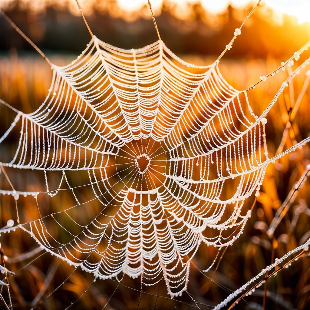 Close-up of a spider web with ice crystals in autumn at dawn...