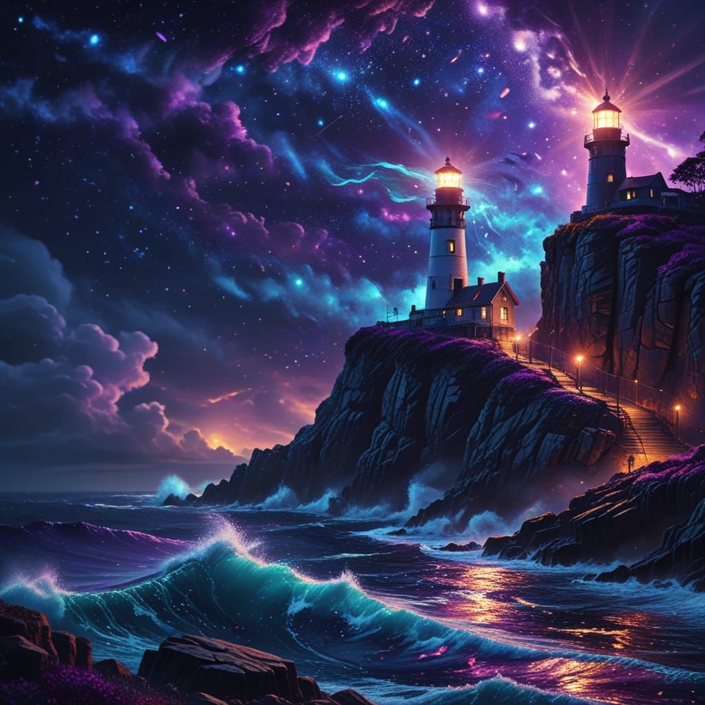 Lighthouse on Cliff in Kinetic Pointillism Style