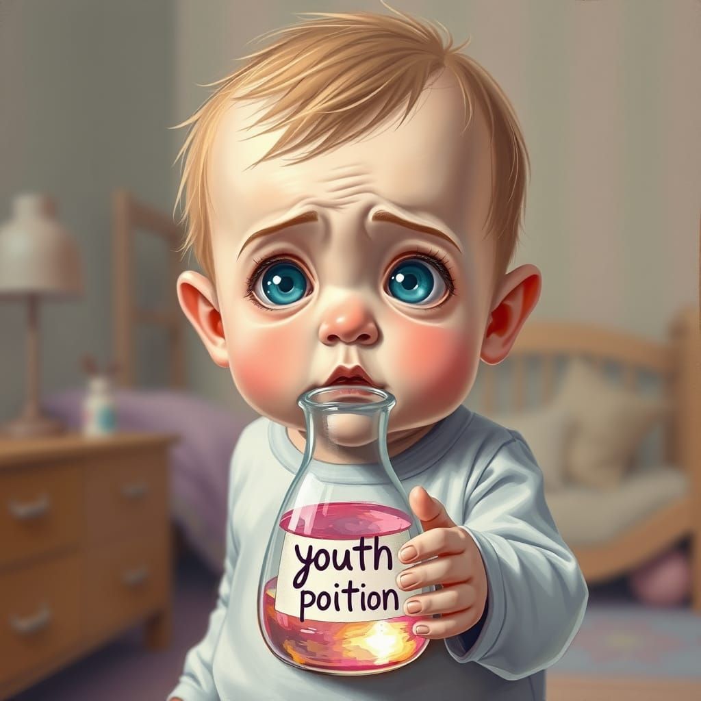 Confused Baby with Youth Potion in Vibrant Oil Painting