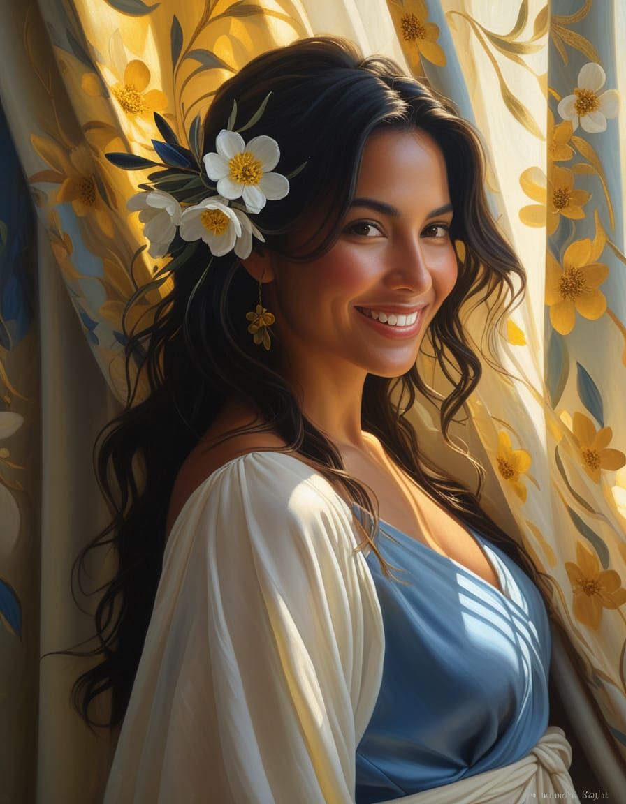 Ethereal Woman in Blossoms: Romantic Realism Oil Painting