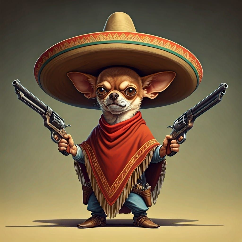 Cartoon Chihuahua Gunslinger in Wild West Style