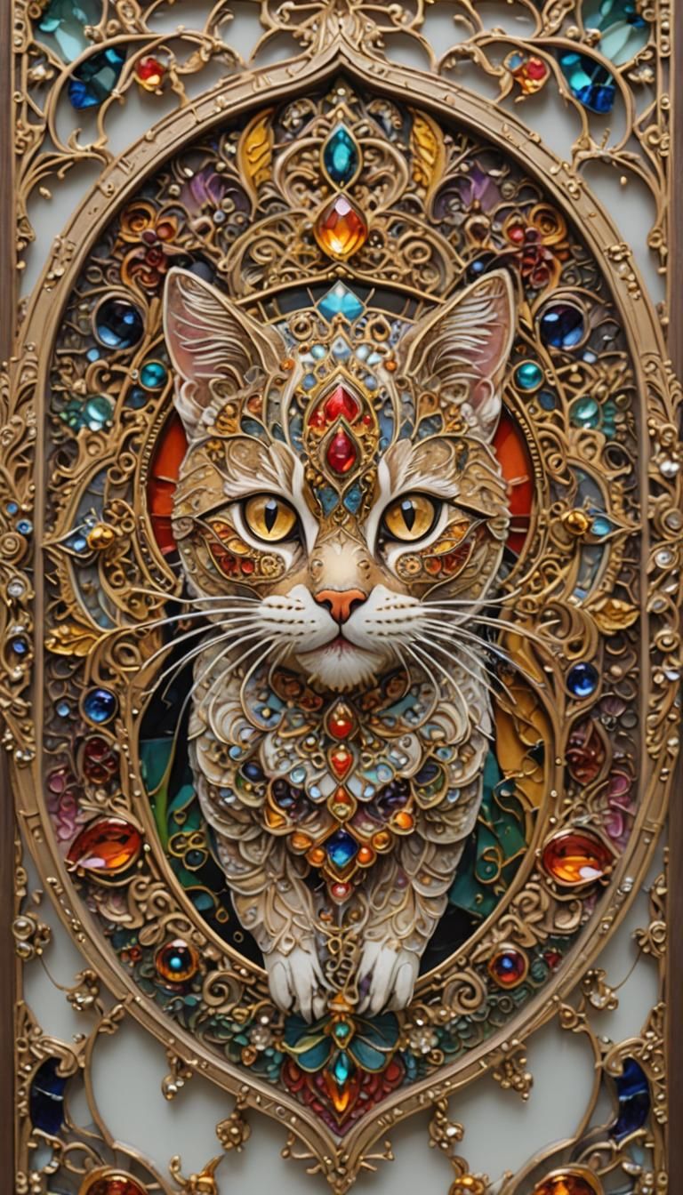 Jeweled Cat Mandala with Gold Accents