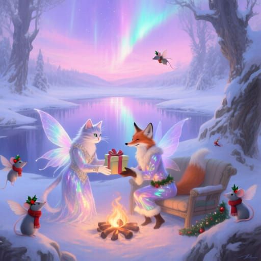 Fantasy Snowy Landscape with Cat and Fox Fairies