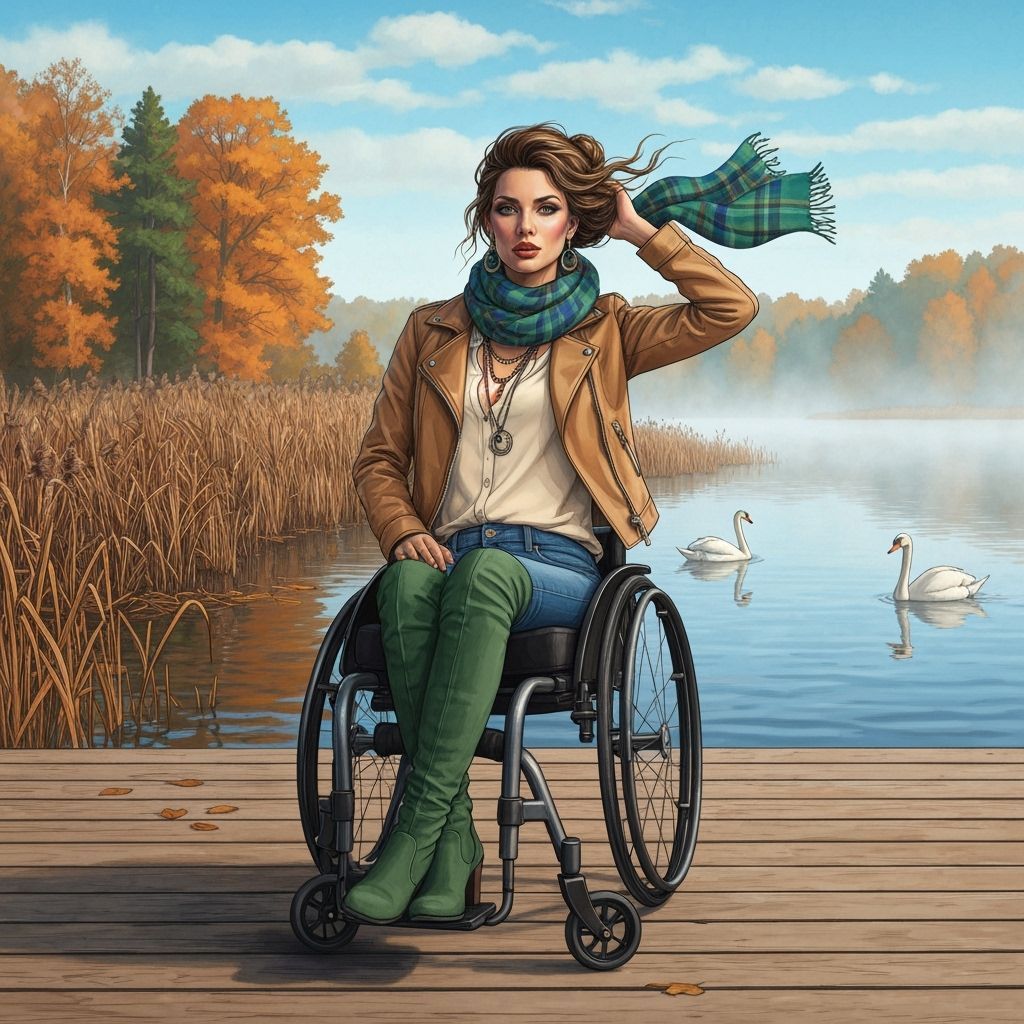 Elegant Autumn Woman on Pier Over Misty Lake