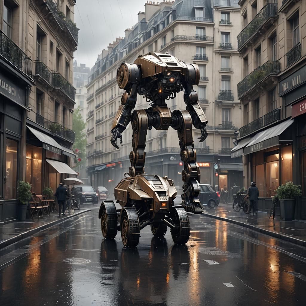 Futuristic Mech in 1919 Paris Street Scene
