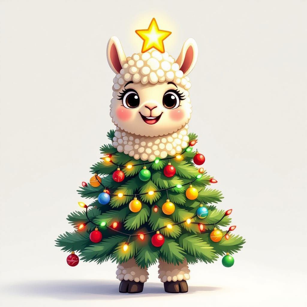 Cartoon Llama Christmas Tree on White Background