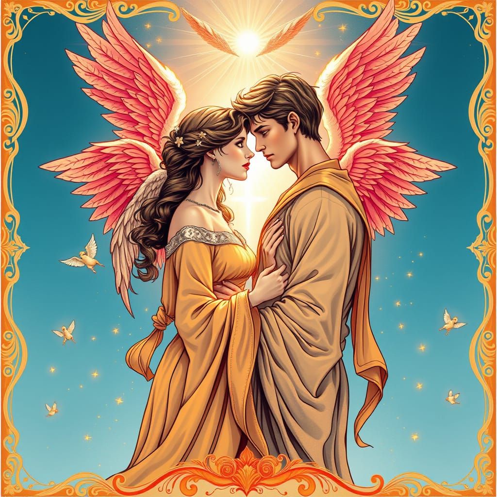 Surreal Angelic Romance in Vibrant, Symmetrical Ink Style