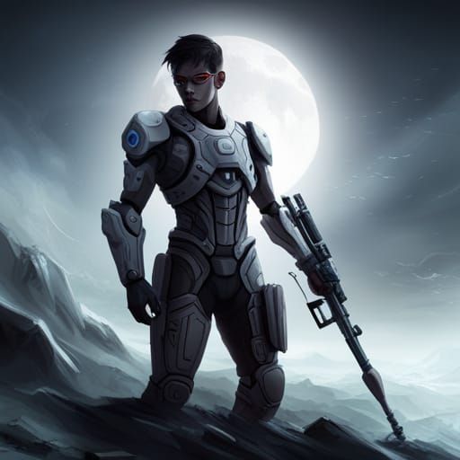 Cyborg Anime Boy with Rifle: Digital Matte Painting