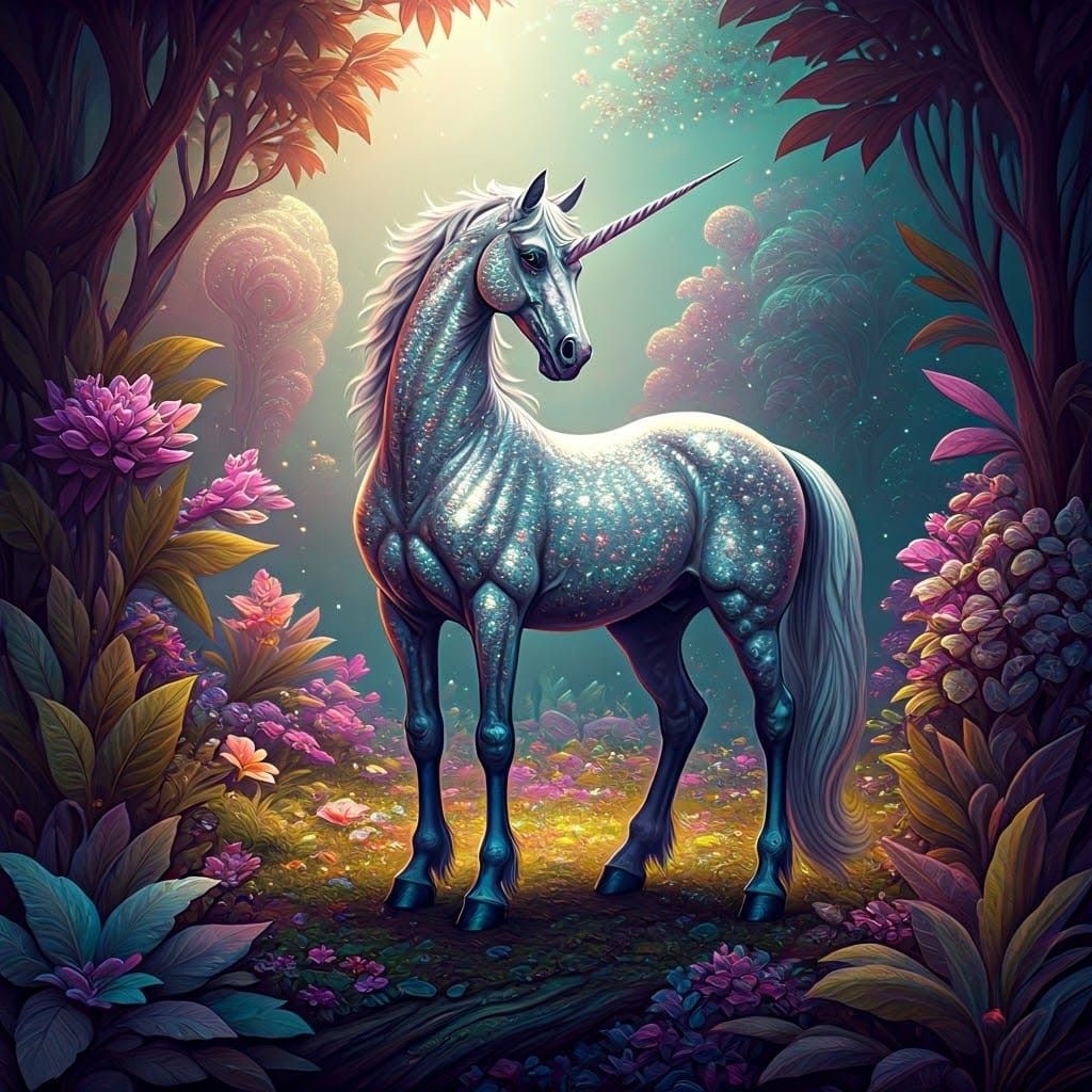 Majestic Silver Unicorn in Vibrant Cosmic Forest