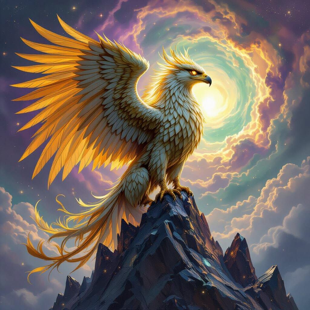 Golden Griffin Perched on Crystalline Mountain