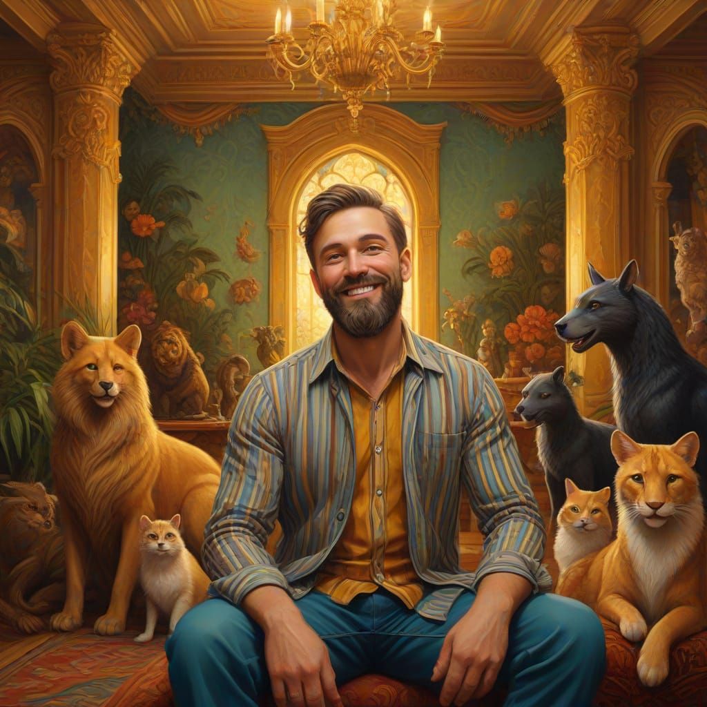 Man with Beard and Flower Garland in Golden Room