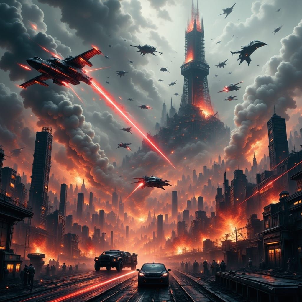 Futuristic Dystopian City Battle with Aircraft