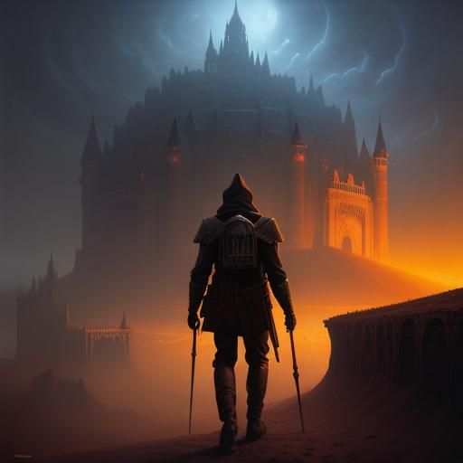 Man Before Castle: Dark Fantasy Art