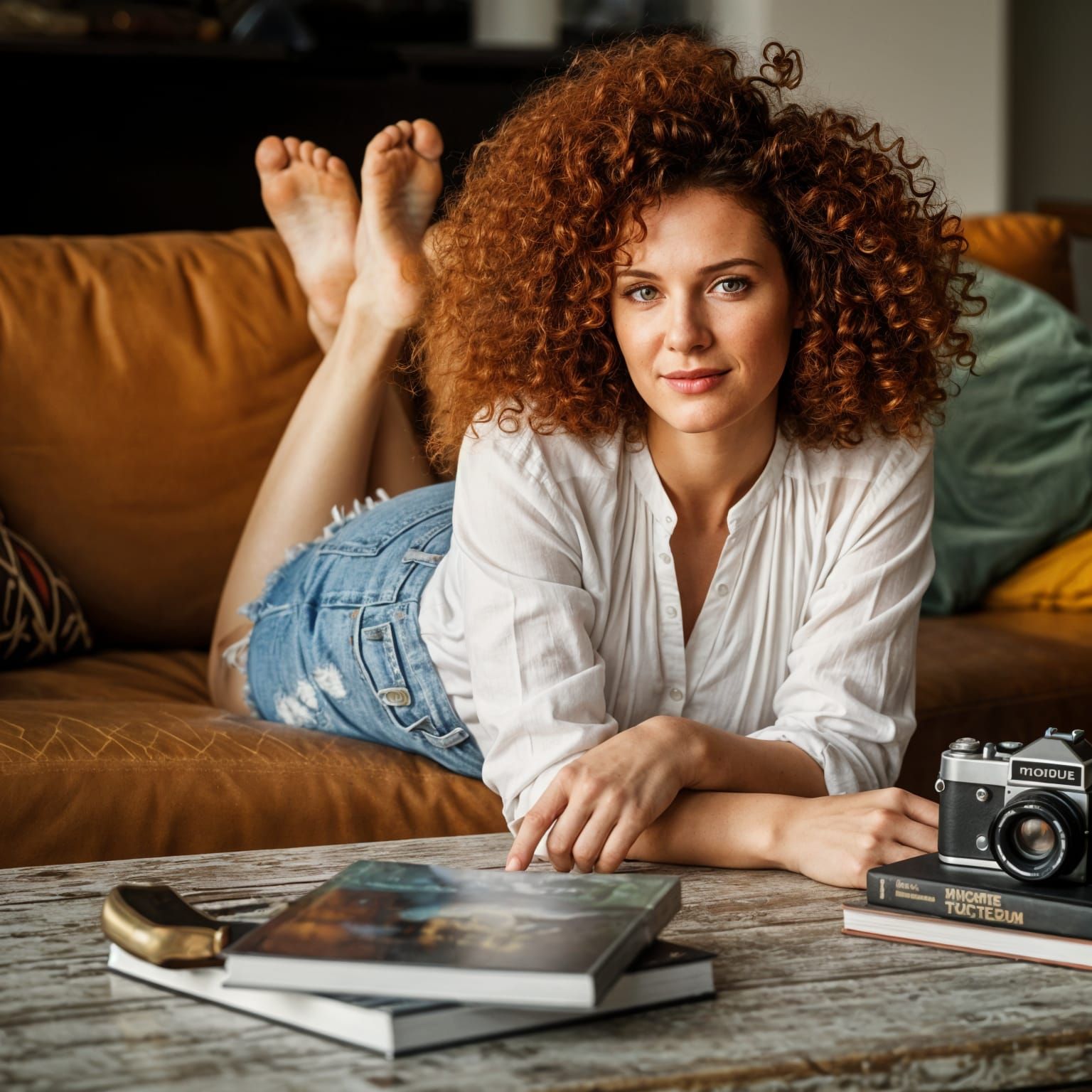 Stunning Redhead Lounges: Hyperrealistic Detailed Photograph