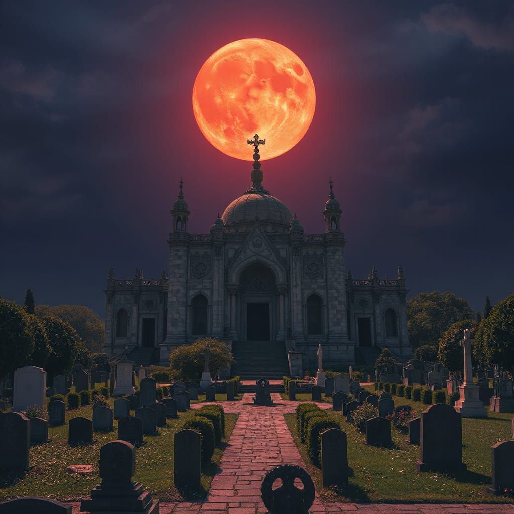Colossal Mausoleum in Royal Cemetery Under Blood Moon
