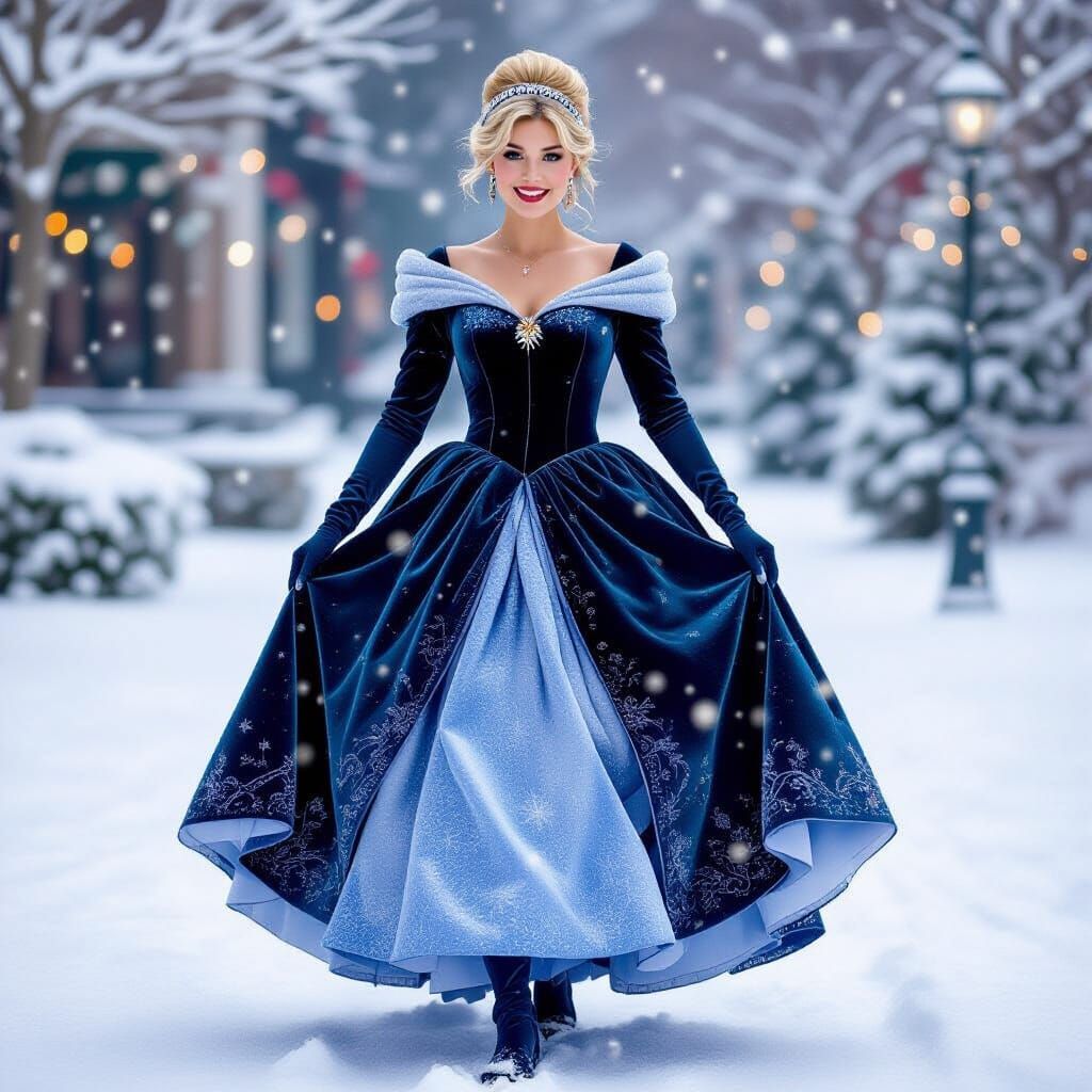 Cinderella in Velvet Christmas Dress Walks Through Snowy Nig...