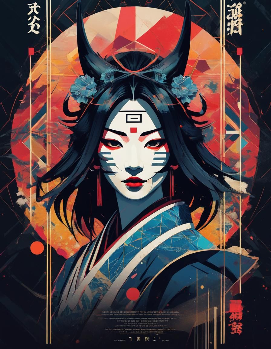 Anime Samurai Hannya Mask Movie Poster in Glitch Art