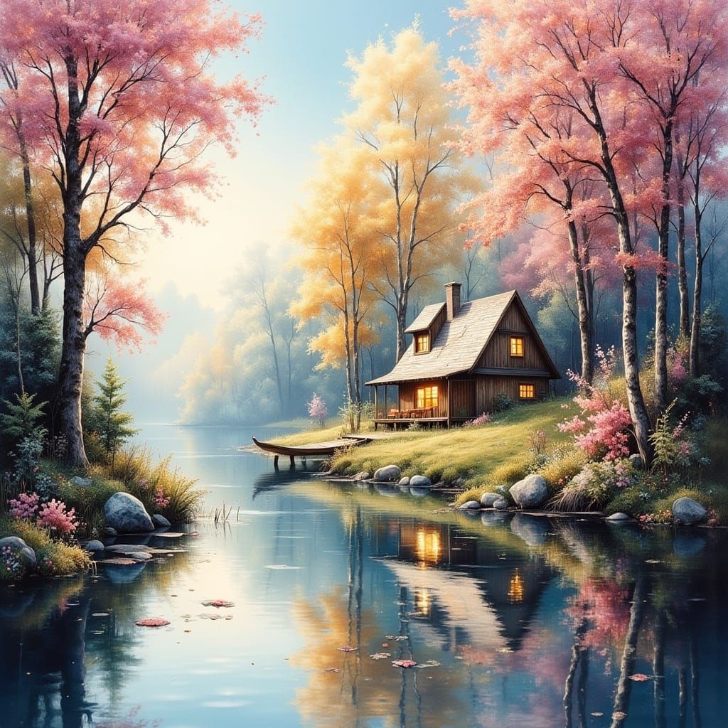 Dreamy Lakeside Cabin Reflection in Anime Style