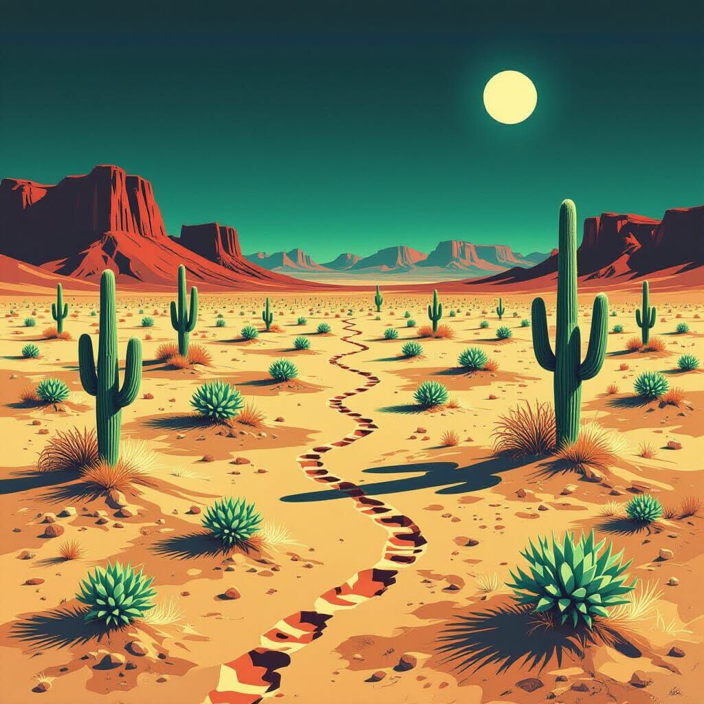 Surreal Desert Landscape in Monochromatic Orange with Mint A...