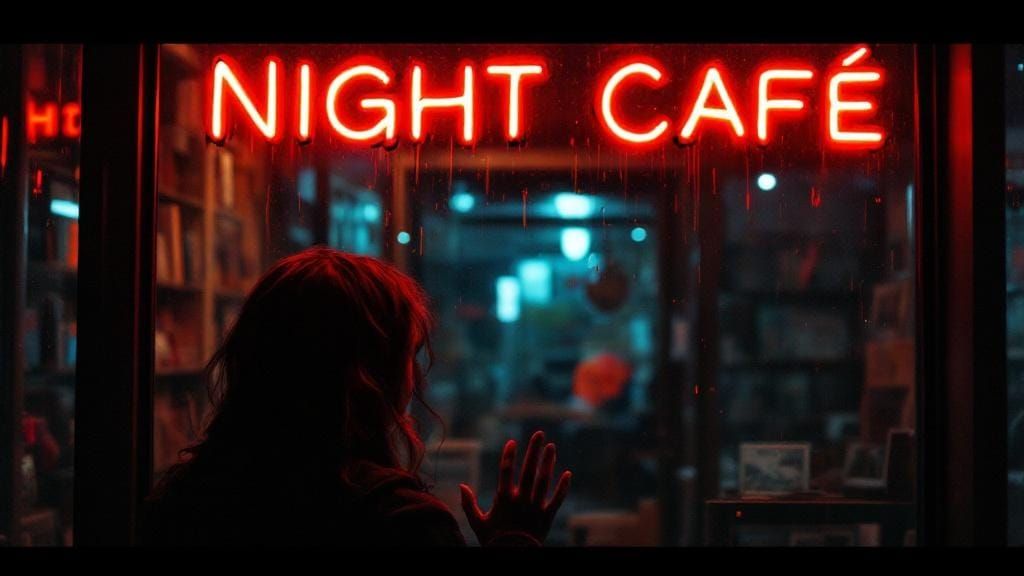 Sad Woman at Night Cafe in Cinematic Style