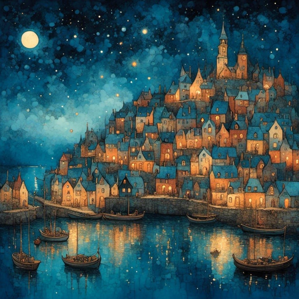 Medieval Port Town Under Starry Sky