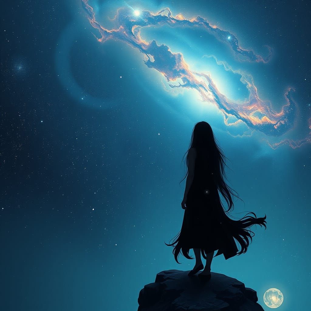 Goth Girl on Cosmic Cliff Overlooking Nebula