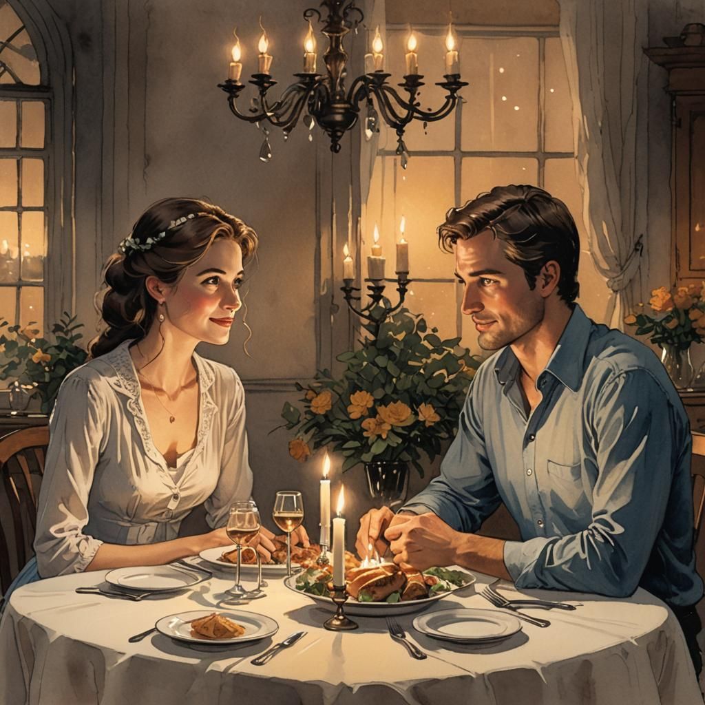 Romantic Candlelit Dinner: Storybook Illustration