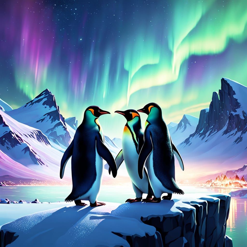 Romantic Penguins Under the Northern Lights