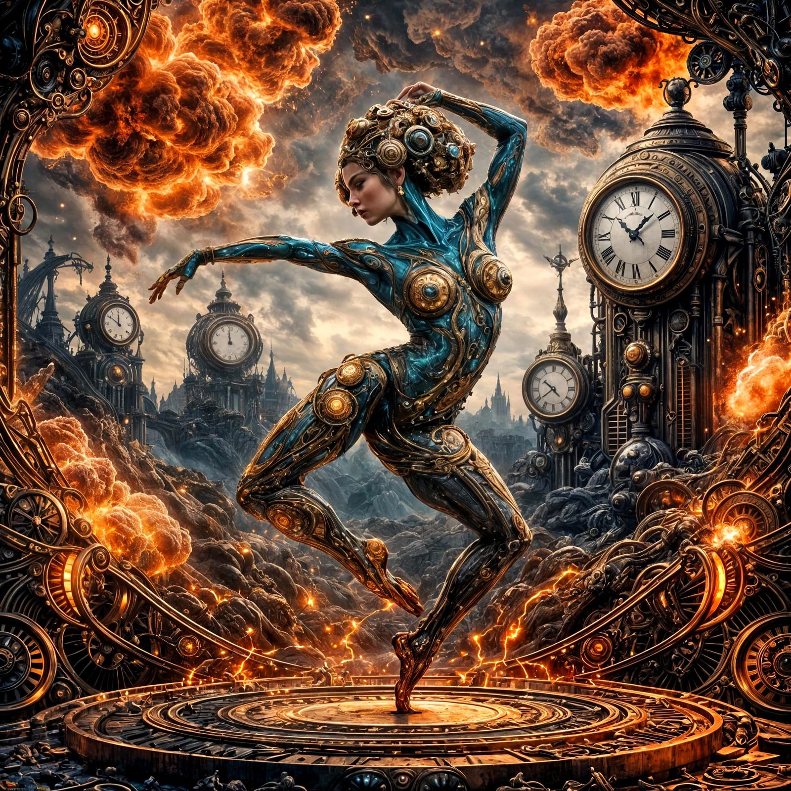 Steampunk Cybernetic Dancer Amidst Clockwork Landscapes