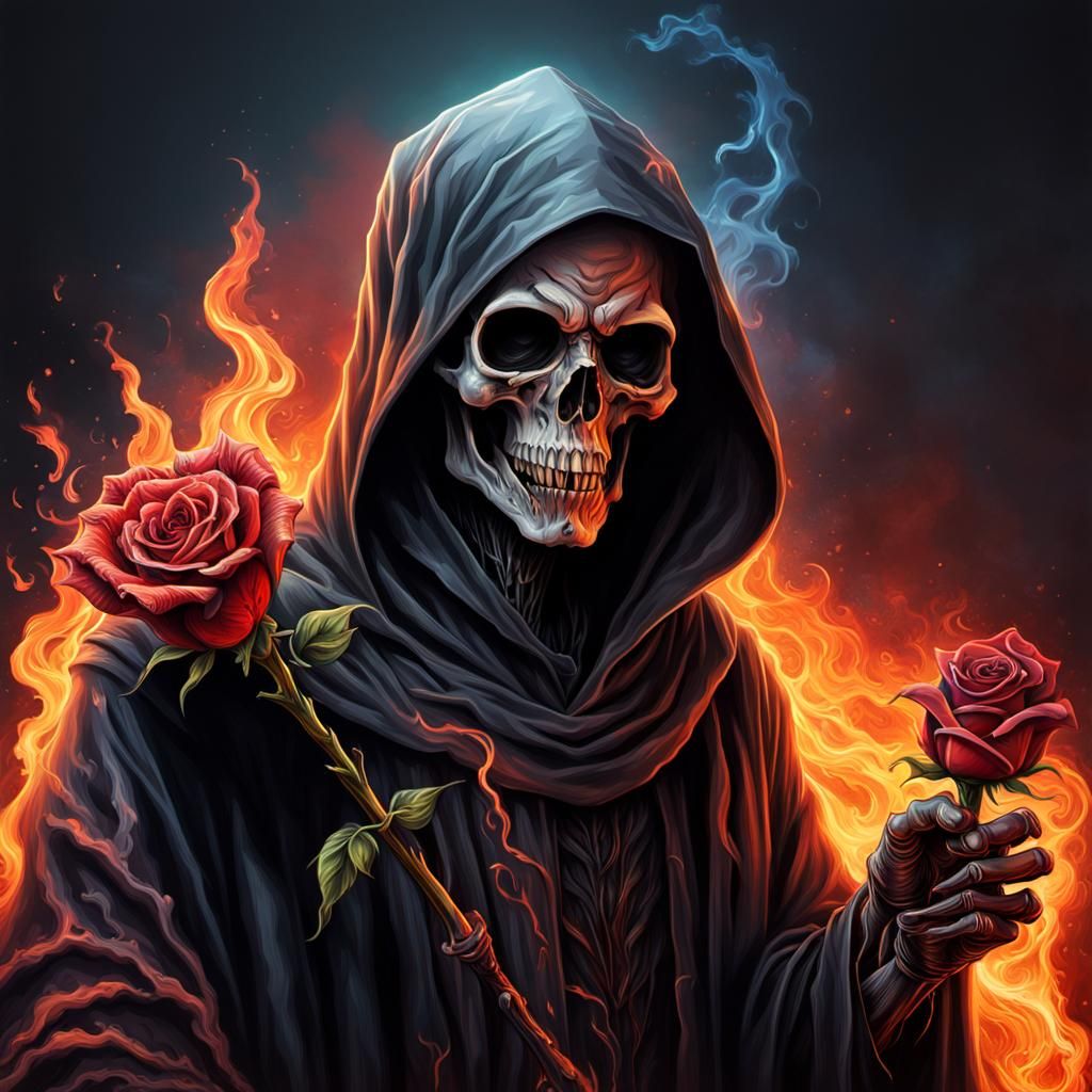 Hyperrealistic Flaming Grim Reaper with Rose