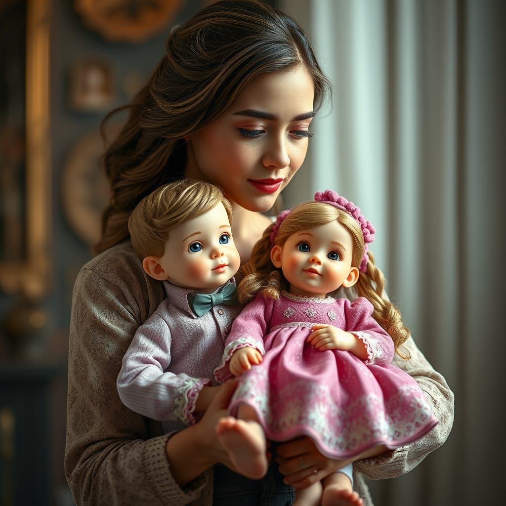 Woman Holds Precious Dolls in Vibrant Magic Realism