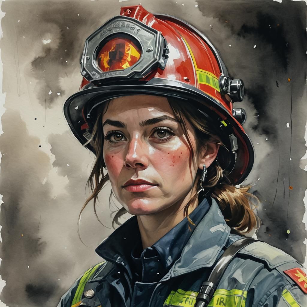 Female Firefighter Portrait in Gouache Style