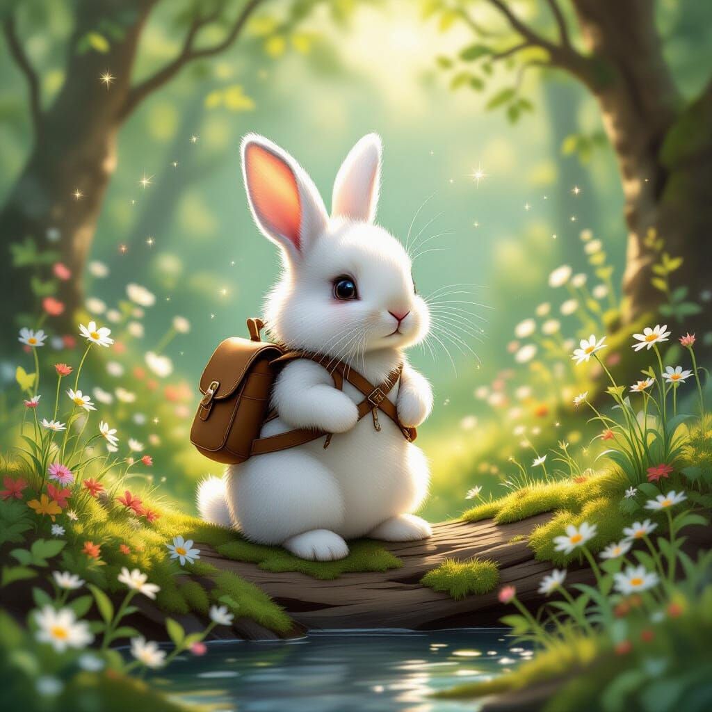 Fluffy Rabbit Adventurer in Enchanted Forest