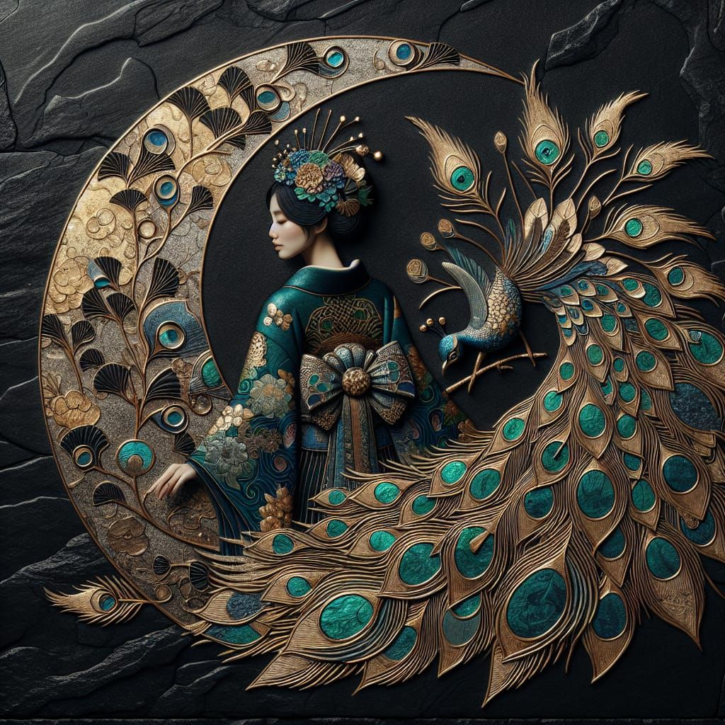 Woman in Kimono with Peacock Feathers in Luxurious, Dark Sto...