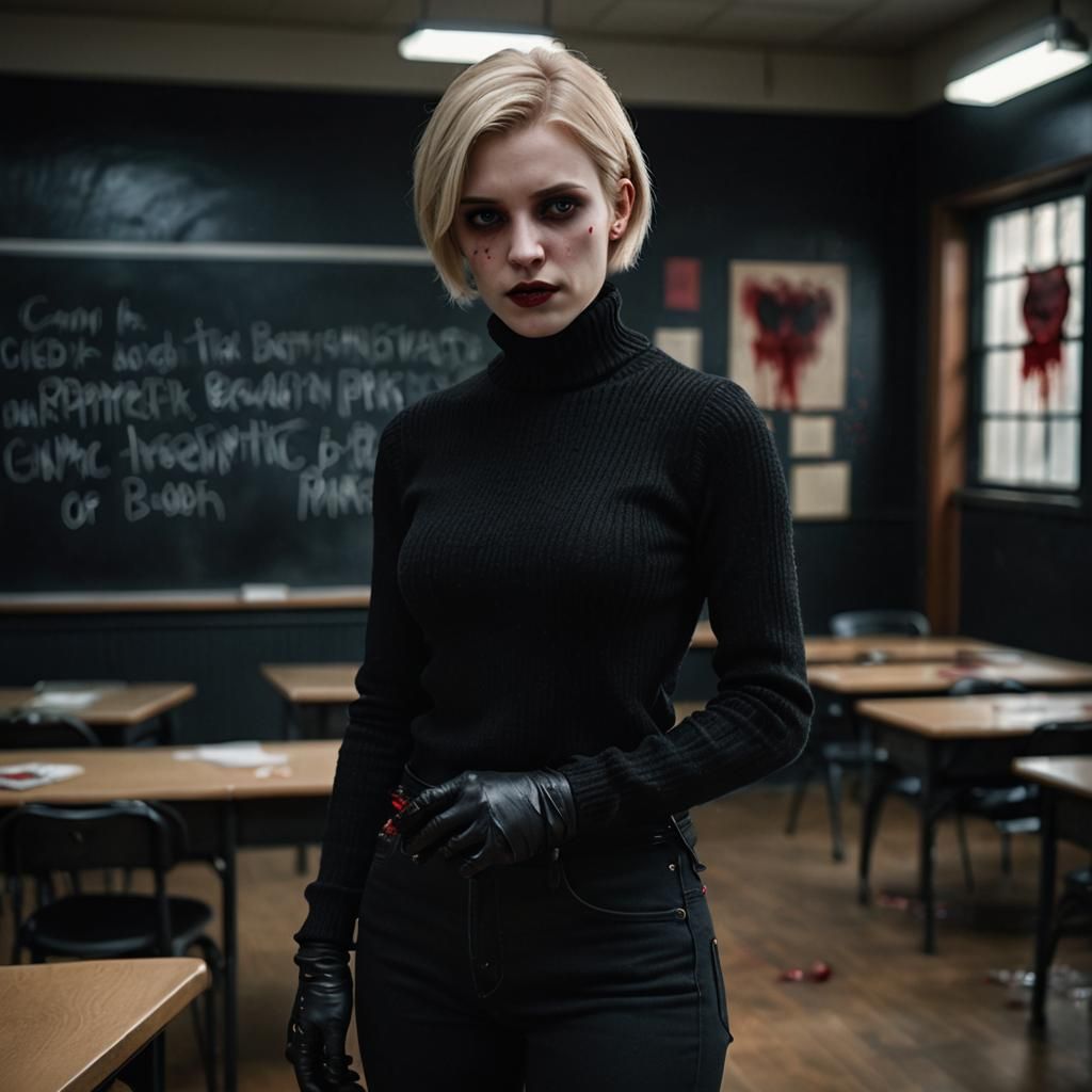 Vampire Woman in Classroom: Hyper-Realistic Portrait