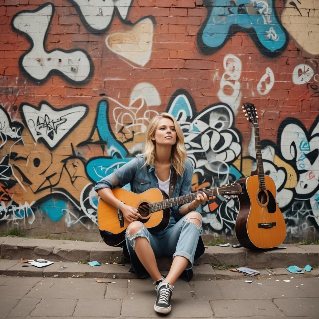 Blonde Girl Guitar Graffiti Art: Summer Scene