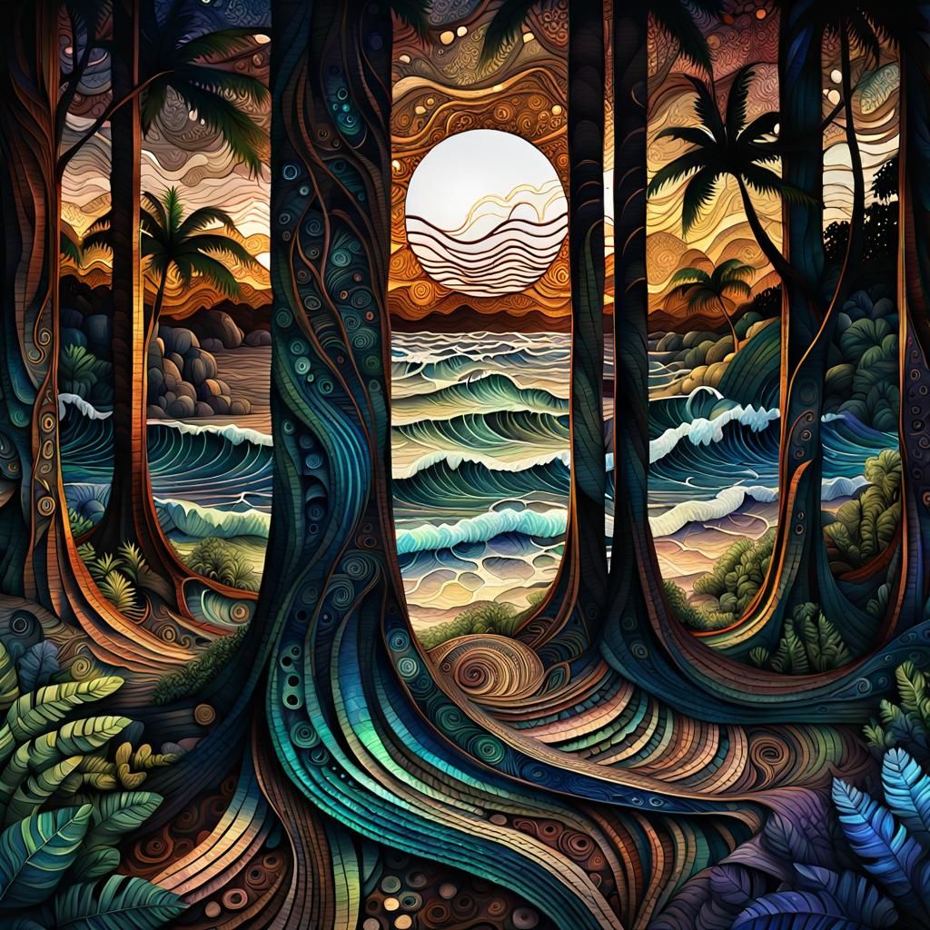 Tropical Beach Night: Watercolor Tapestry with Fractal Detai...