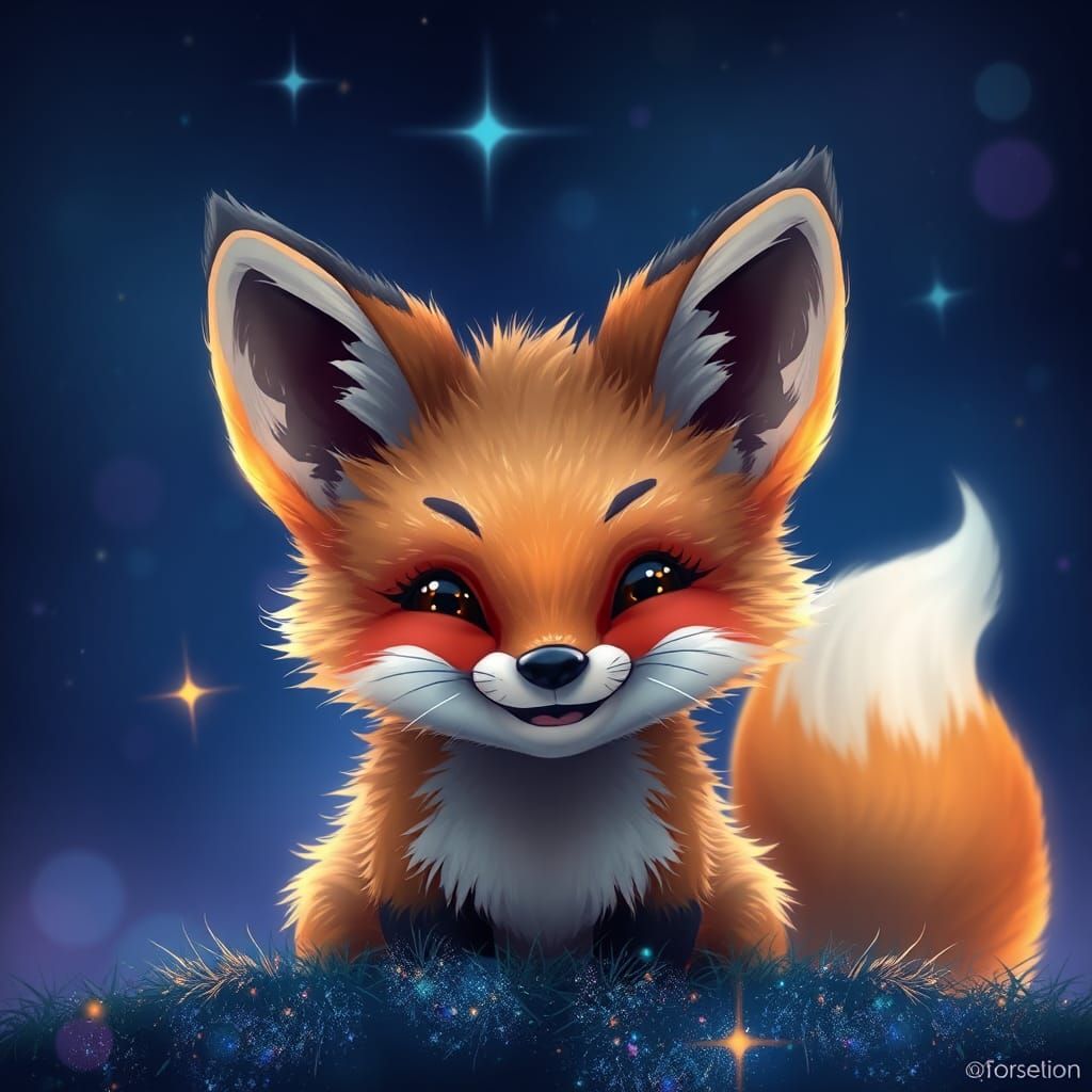 Cute Fox Cub in Starry Night, Digital Art