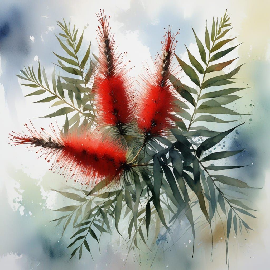 Vibrant Watercolor Bottlebrush Blooms in a Soft Blue Sky