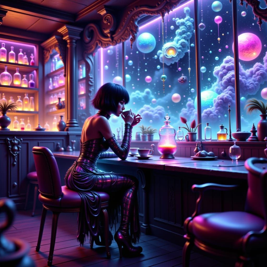 Cybernetic Woman in Celestial Cafe