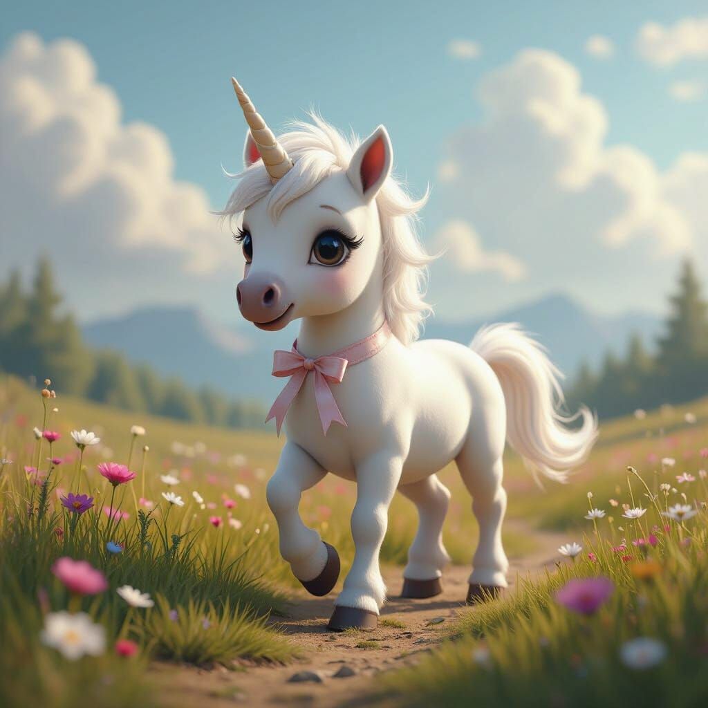 Cute Baby Unicorn Walks Towards Meadow in Matte Painting Sty...