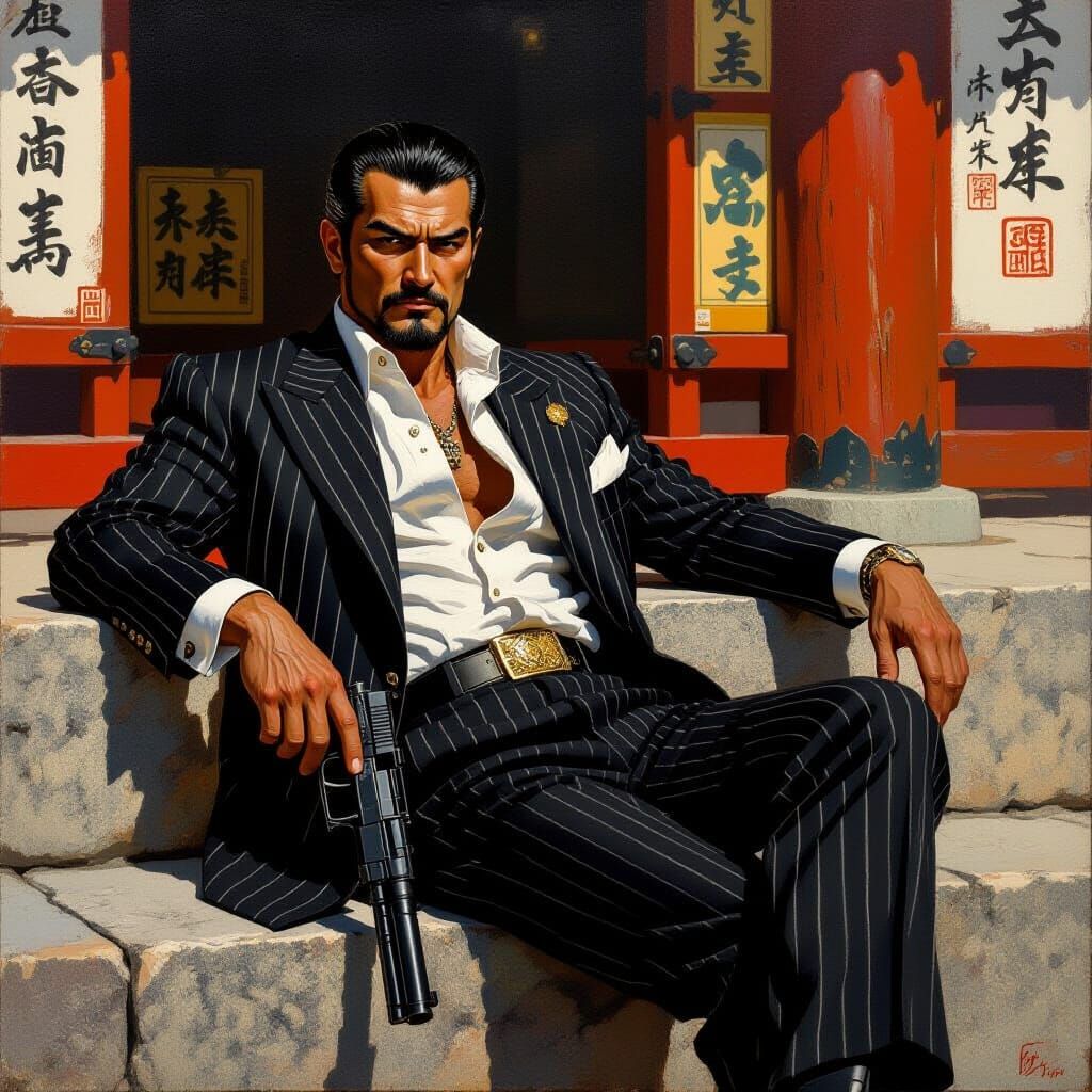 Yakuza Boss Resting at Japanese Temple in Impasto Style