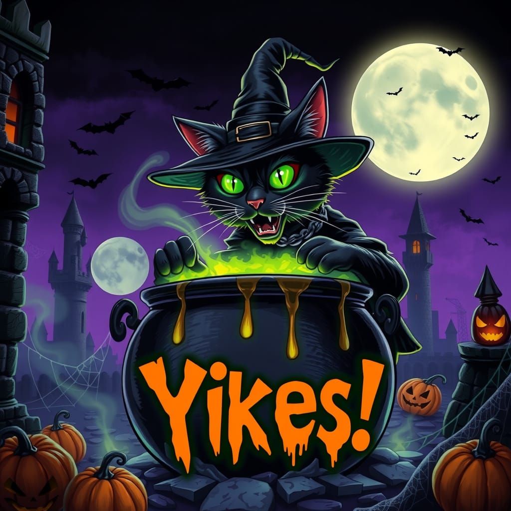 An angry evil humanoid short-haired black witch cat, wearing...