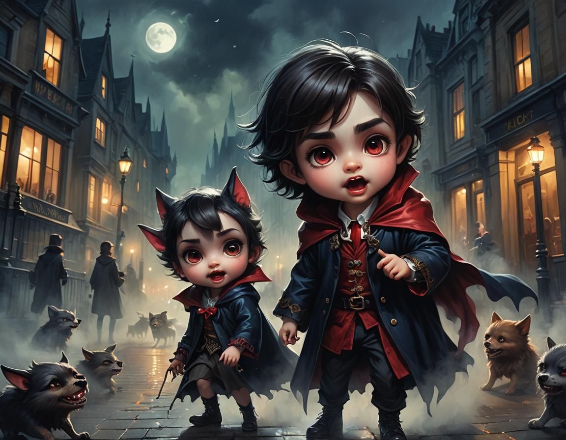 Surreal Chibi Vampire and Werewolf Children in London