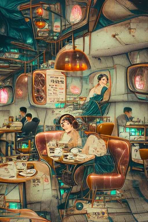 Inside an old fashioned NightCafe in future Tokyo by Isaac Nykamp