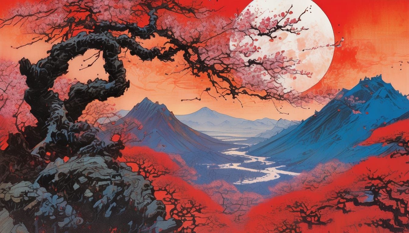 Samurai Under Cherry Moon: Splatter Ink Art