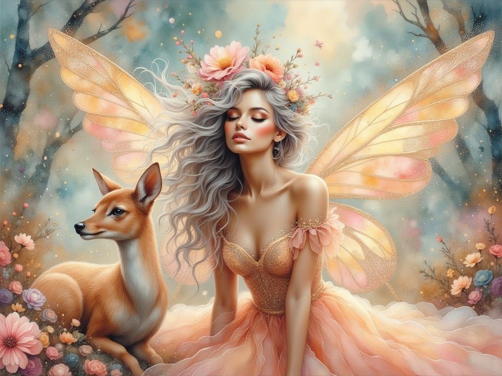 Fairy with Glitter Wings and Peach Dress Meets Baby Deer