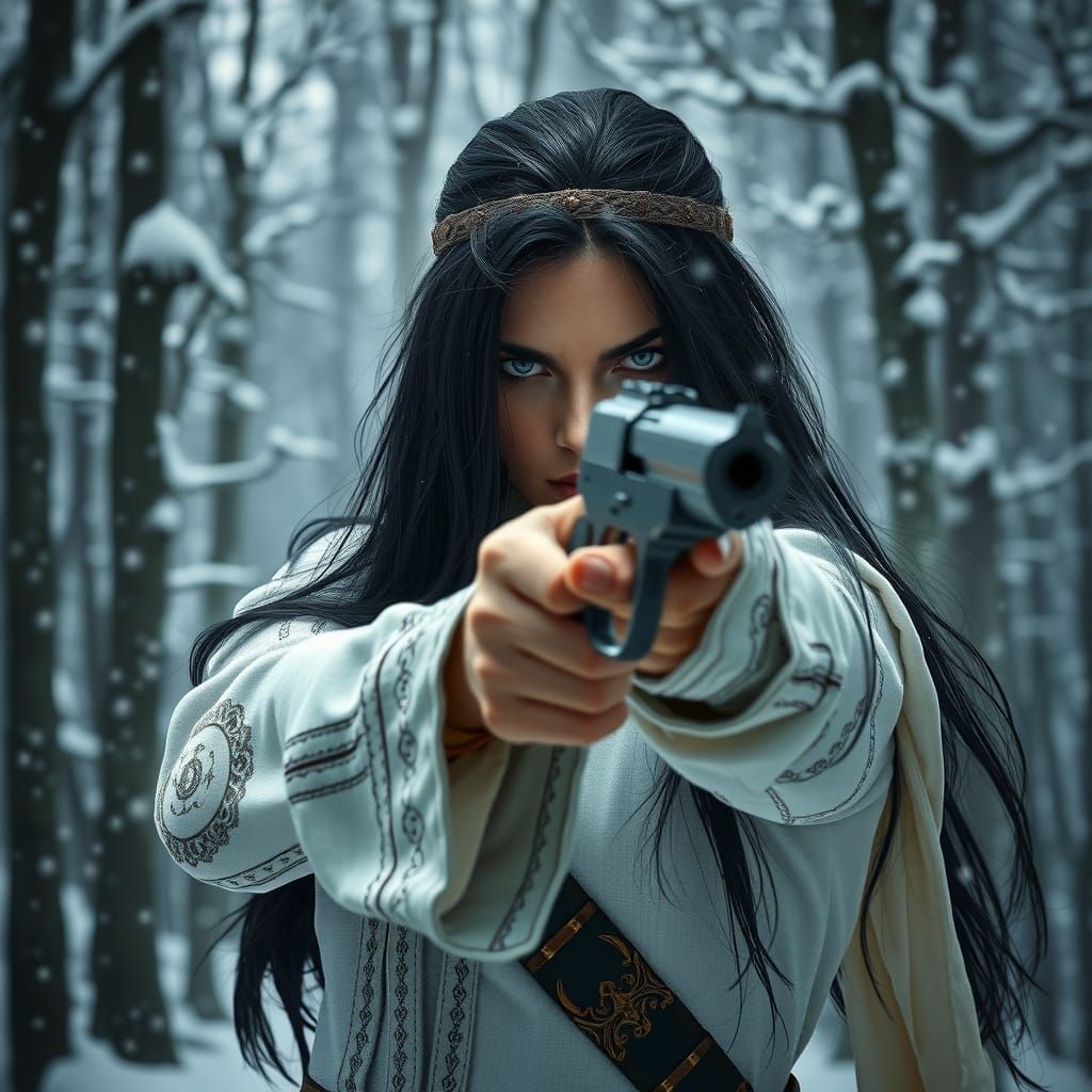 Warrior Woman in Winter Forest, Hyperrealistic Digital Art