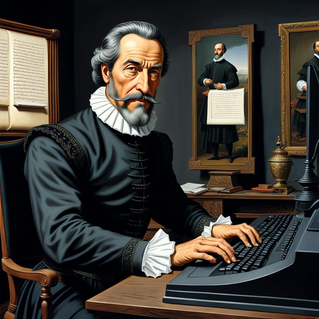 Cervantes in Studio Typing on Computer: Photorealistic Art